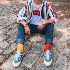 Kidcore Mens Fashion, Mens Colourful Outfit, Bright Mens Outfits, Colorful Guy Outfits, Artsy Outfits Men, 80s Guys Outfits, 90s Aesthetic Men Outfit, Boys Clothes Aesthetic, Funky Mens Fashion