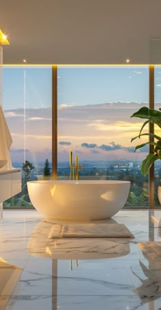 a large white bath tub sitting inside of a bathroom next to a tall glass window