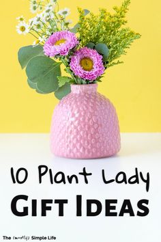 a pink vase with flowers in it and the words 10 plant lady gift ideas above it