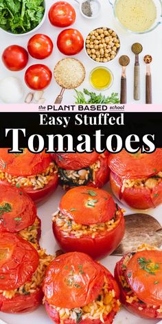 tomatoes and other vegetables on a plate with text overlay that reads easy stuffed tomatoes