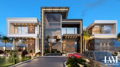 a large modern house with palm trees in the front yard and cars parked on the driveway