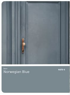 a blue door with the words norwegian blue on it and an image of a wooden handle