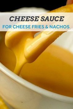 a person dipping cheese sauce into a bowl with bananas in the background and text overlay that reads, cheese sauce for cheese fries & nachos