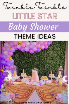 a baby shower theme with pink and purple balloons