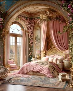 an ornate bedroom with pink and gold decor on the walls, windows, and bedding