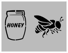 a honey jar next to a black and white drawing of a bee on a gray background