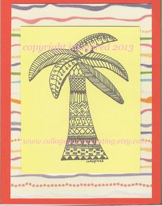 a card with a drawing of a palm tree