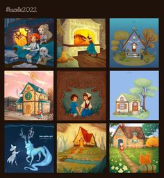 four different pictures of houses and animals in the same photo, each with their own character