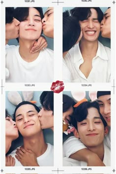 four pictures of people kissing each other with the same person's lips on them