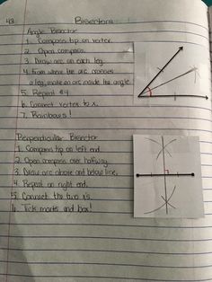 a piece of paper that has some writing on it with lines and angles in it