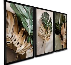 three framed art pieces with leaves on them