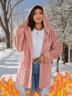 Style:Casual \nNeckline:Hooded \nDetails:Pocket \nType:Teddy \nSleeve Type:Drop Shoulder \nColor:Pink \nPattern Type:Plain \nSleeve Length:Long Sleeve \nLength:Regular \nFit Type:Regular Fit \nFabric:Non-Stretch \nMaterial:Tweed \nComposition:100% Polyester \nCare Instructions:Machine wash or professional dry clean \nTemperature:Winter (<10℃/50℉) \nPockets:Yes \nSheer:No \nBody:Unlined \n Pink Winter Clothes, Plus Size Autumn, Autumn Jacket Women, Pink Winter, Jacket With Pockets, Plus Size Coats, Warm Jacket, Winter Clothes, Women Clothes