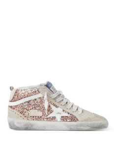 Golden Goose Deluxe Brand Women's Mid Star Glitter Mid Top Sneakers Glitter Rosa, Rose Gold Sneakers, Mid Top Sneakers, Designer Trainers, High Shoes, Golden Goose Shoes, Golden Goose Deluxe Brand, Star Sneakers, Leather Shoes Woman