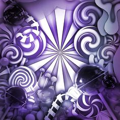 an abstract painting with swirls and candy canes in purple, white and black