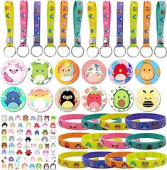 many different colored lanyards and key chains with cartoon characters on them, including an owl