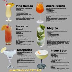 the different types of cocktails are shown in this poster