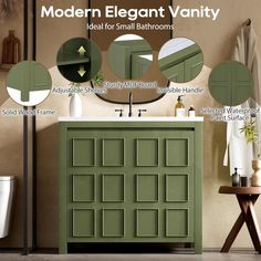 the modern elegant vanity is green and features round mirrors above it, along with other accessories