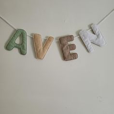 an oven mitt hanging on a clothes line with the word oven spelled in it