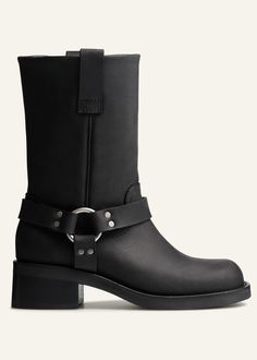 The ME+EM biker boot is crafted from Italian full-grain leather. The mid calf boot is designed with a matte silver-toned feature on the outer side and features a block heel. Black Biker Boots, Womens Biker Boots, Lady Biker, Biker Boots, Designer Boots, Brown Boots, Biker Boot, Full Grain Leather, Black Boots