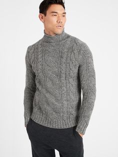 Cable-Knit Mock-Neck Sweater | Banana Republic Classic Textured Knit Turtleneck, Cozy Cable Knit Turtleneck, Cable Knit Turtleneck For Cold Weather, Fitted Cable Knit Sweater For Cold Weather, Casual Cable Knit Turtleneck For Cold Weather, Classic Cable Knit Turtleneck For Fall, Classic Winter Cable Knit Turtleneck, Cozy Wool Cable Knit Turtleneck, Fall Cable Knit Merino Wool Turtleneck