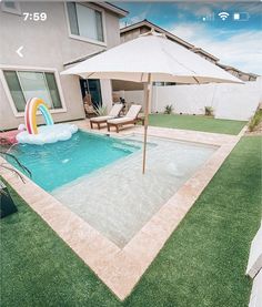 an inflatable pool with umbrella and lawn chairs