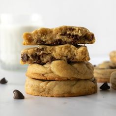 chocolate chip cookies stacked on top of each other