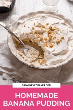 homemade banana pudding in a white bowl with a spoon on the side and text overlay reading homemade banana pudding