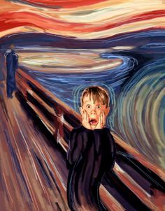 a painting of a boy with his hand on his face in front of the scream