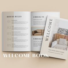 an open house rules book with the title'welcome home'written in black and white