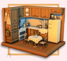 an image of a model kitchen in the shape of a doll house with furniture and accessories