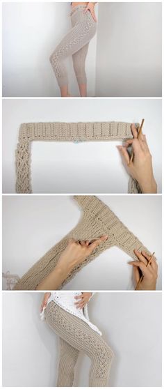 four photos showing how to crochet leggings