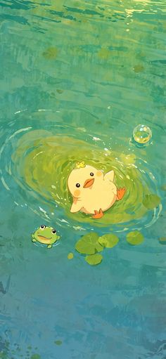 a yellow duck floating on top of water next to two green frogs