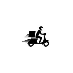 a black and white image of a person riding a scooter with boxes on the back