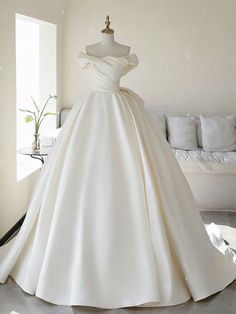 Simple A-line Off The Shoulder Satin ivory Long Wedding Dress Ballroom Wedding Dresses, Debut Gowns, Champagne Formal Dresses, Tulle Long Dress, Long Wedding Dress, Navy Blue Prom Dresses, Prom Dresses Simple, White Homecoming Dresses, Red Homecoming Dresses