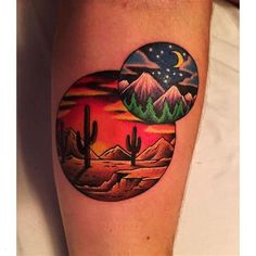 a person with a tattoo on their leg that has mountains and stars in the sky