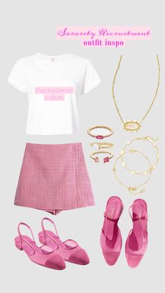 pink shoes, necklaces and t - shirt are featured in this fashion postcard