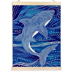 a blue painting with white dots on it and a dolphin swimming in the water below