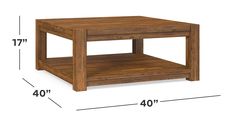 a wooden table that has measurements for the top and bottom portion of it, with one shelf on each side