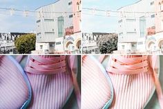 four different shots of pink shoes hanging on a clothes line with buildings in the background