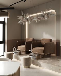 an empty waiting room with chairs and plants hanging from the ceiling