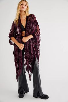 Nightbird Burnout Kimono | Free People Devore Fabric, Whimsigoth Style, Wine Colour, Kimono Floral, Bohemian Kimono, Velvet Kimono, Boho Festival Fashion, Flowy Design, Lace Kimono