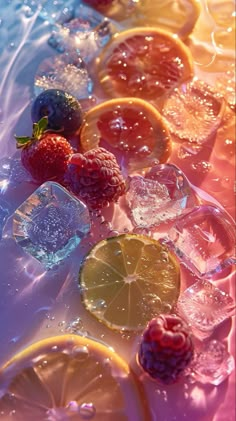 some lemons, raspberries and orange slices in water