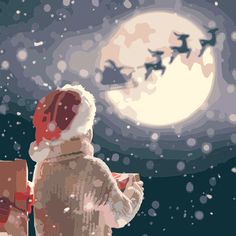 a child is looking at the sky with santas flying in the background and snow flakes on the ground