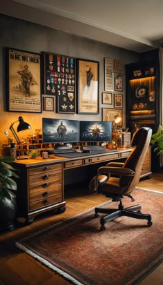 an office with posters on the wall and a chair in front of it, along with a rug