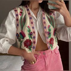 Women Embroidered Vest Top Y2k Vintage Open Front Floral Boho Cropped Waistcoat Vest Jacket Outfit, Waistcoat Women, Vintage Floral Embroidery, Vest Y2k, Waistcoat Designs, Floral Vest, Flower Cardigan, Waistcoat Woman, Open Shirt