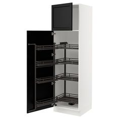 a white cabinet with black shelves and drawers