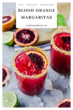 two glasses filled with blood orange margaritas and garnish