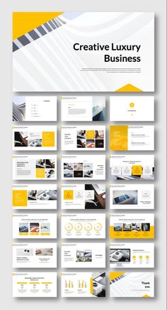 the yellow and white presentation slideshow is displayed on top of each other, with different sections