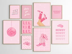 six pink posters with different designs and words on the wall, all in square frames