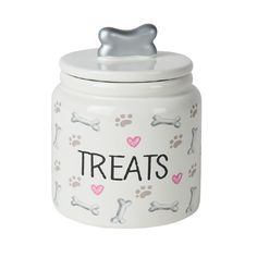 a dog treat jar with a bone on the top and hearts all over it's surface